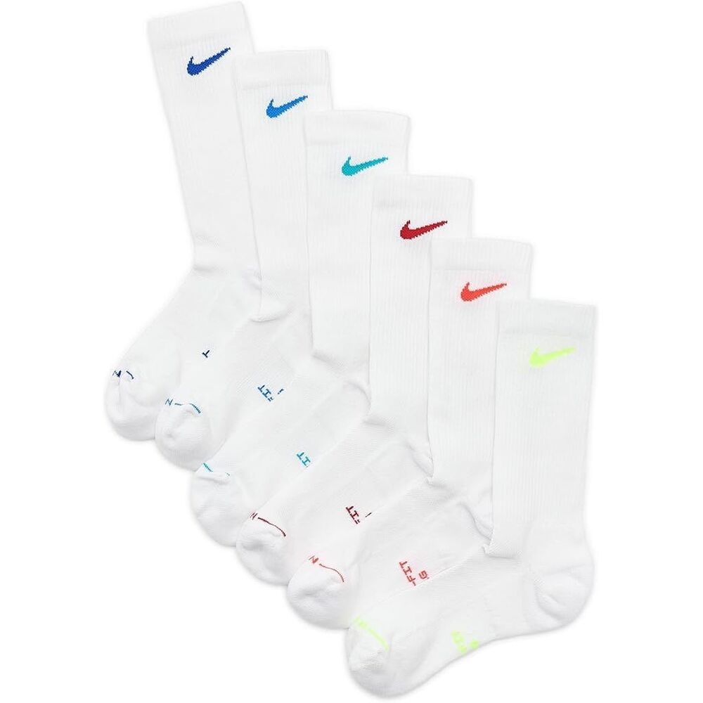 #44. Nike White/Color Swoosh 6Pk Everyday Plus Cushion Crew Socks NWT - Picture 3 of 5